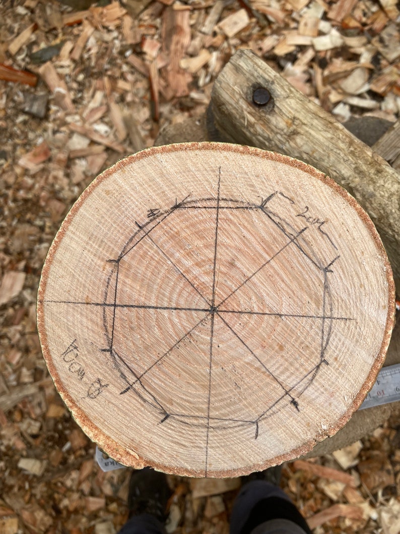 Puede incluir: Primer plano de un disco de madera con un dise&ntilde;o a l&aacute;piz de un c&iacute;rculo con l&iacute;neas que irradian desde el centro. El disco est&aacute; marcado con el texto "Wood 8" y "22cm".