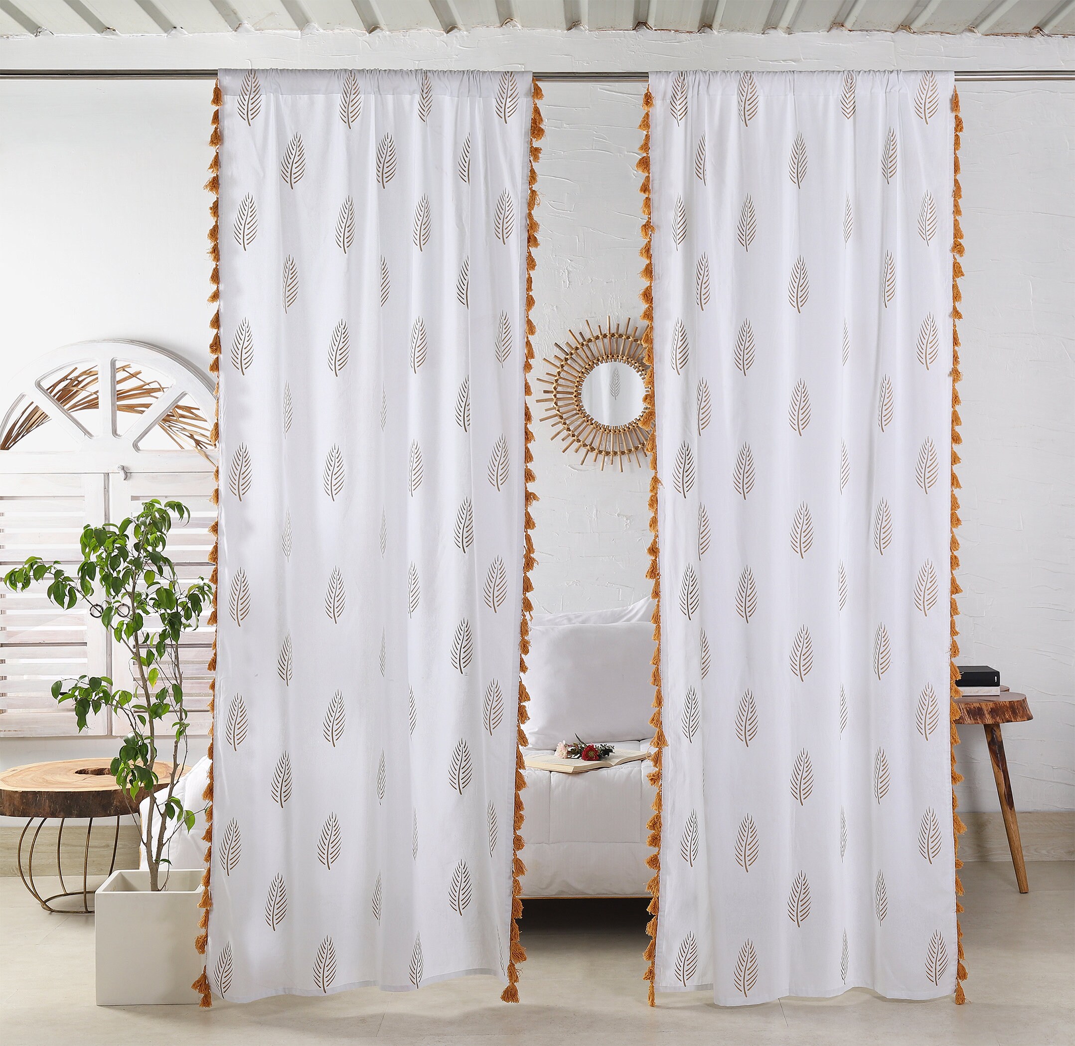 White Gold Tassel Curtains Medallion Moroccan Tapestry Etsy UK