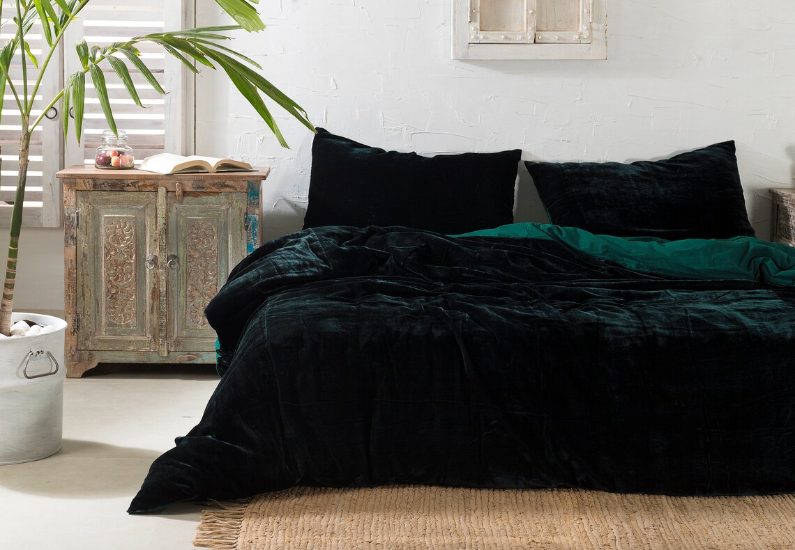 3 Pc Set Dark Green Velvet Duvet Cover Ultra Luxe Crushed Etsy
