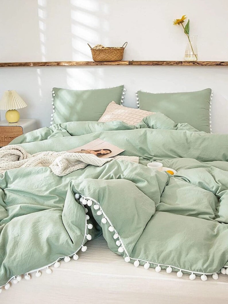 5 Pc Set Sage Green Pom Pom Duvet Cover Queen Duvet Set Twin Etsy