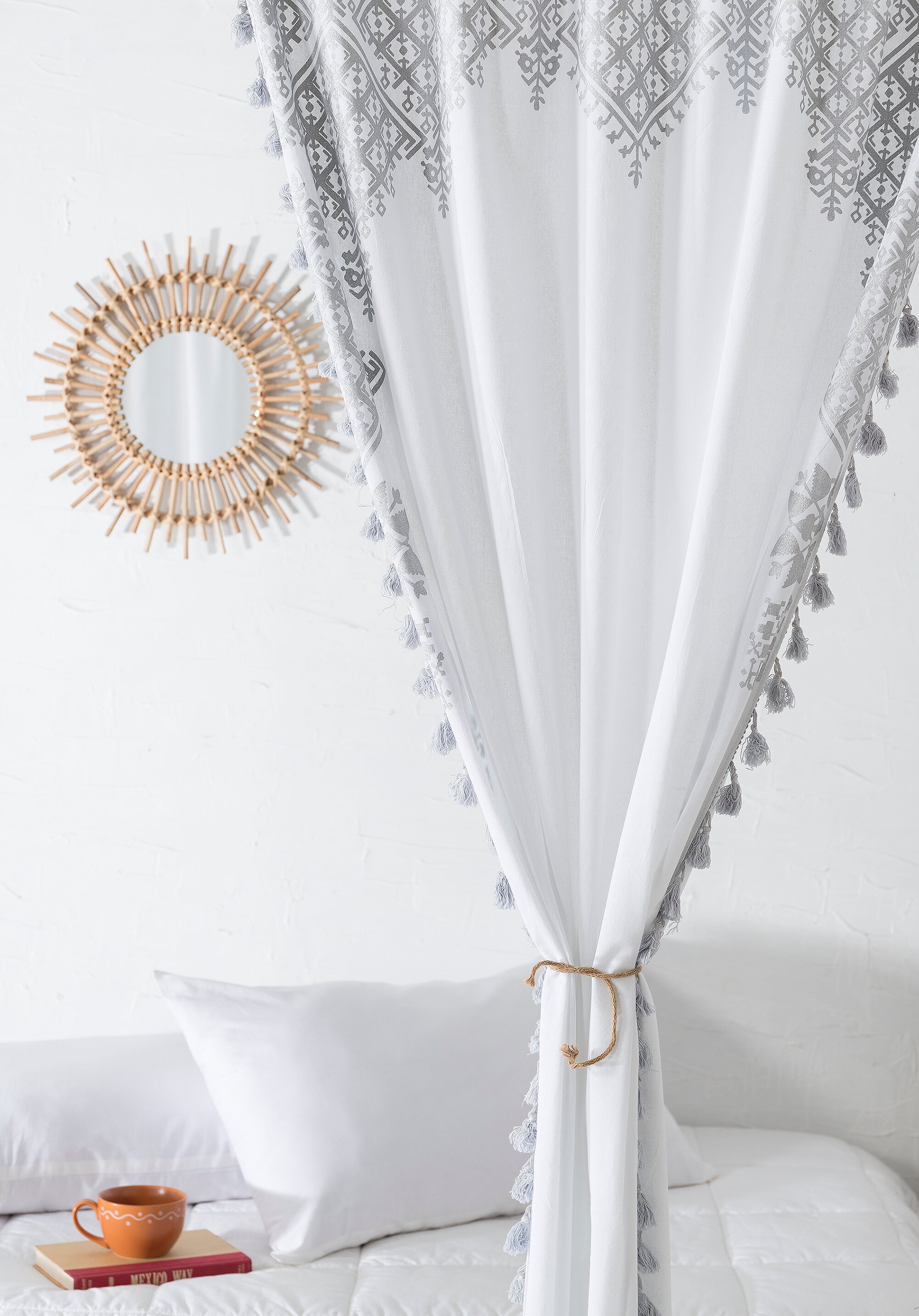 White Silver Tassel Curtains Medallion Moroccan Tapestry Etsy