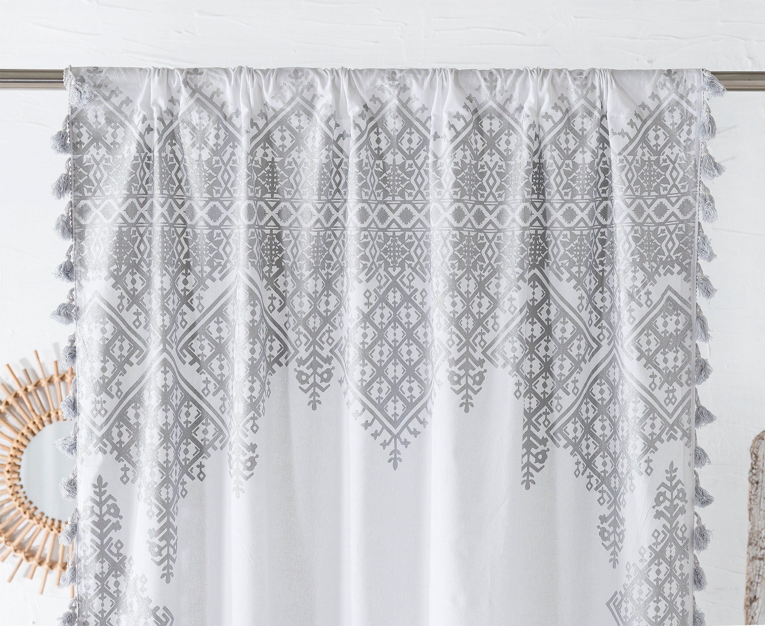 White Silver Tassel Curtains Medallion Moroccan Tapestry Etsy
