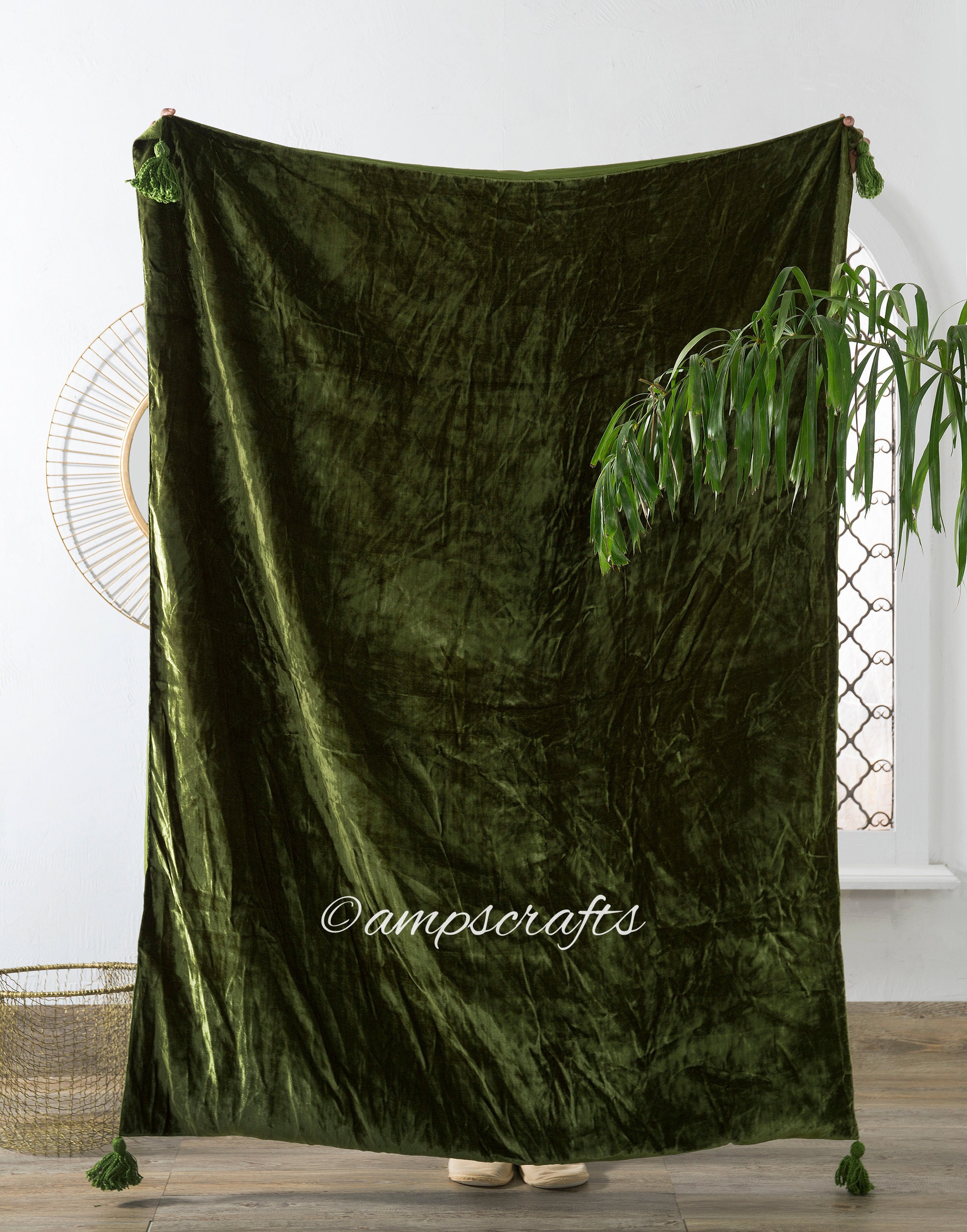 Moss Green Velvet Throw Blanket With Tassels Sofa Couch Throw Etsy