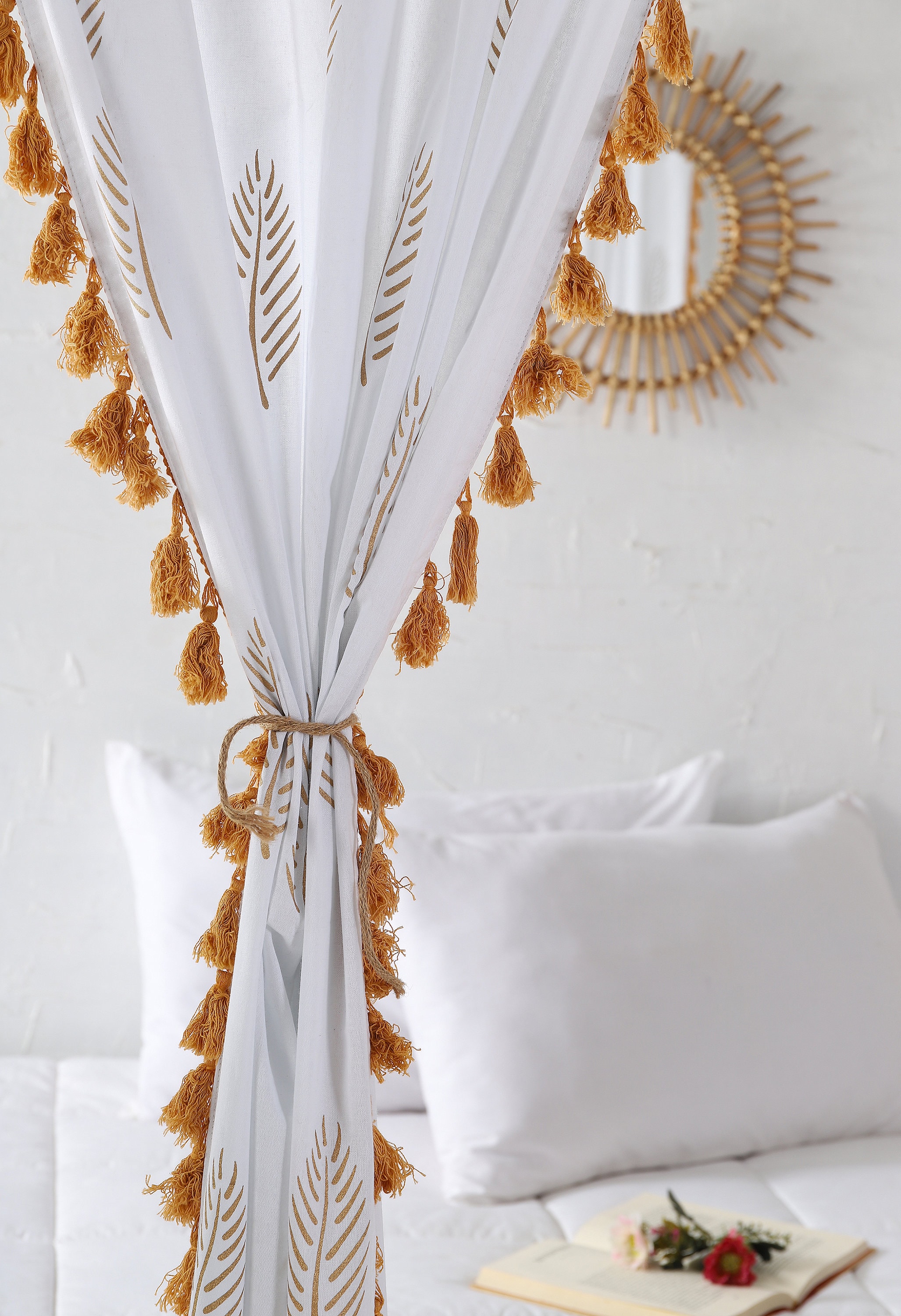 White Gold Tassel Curtains Medallion Moroccan Tapestry Etsy UK