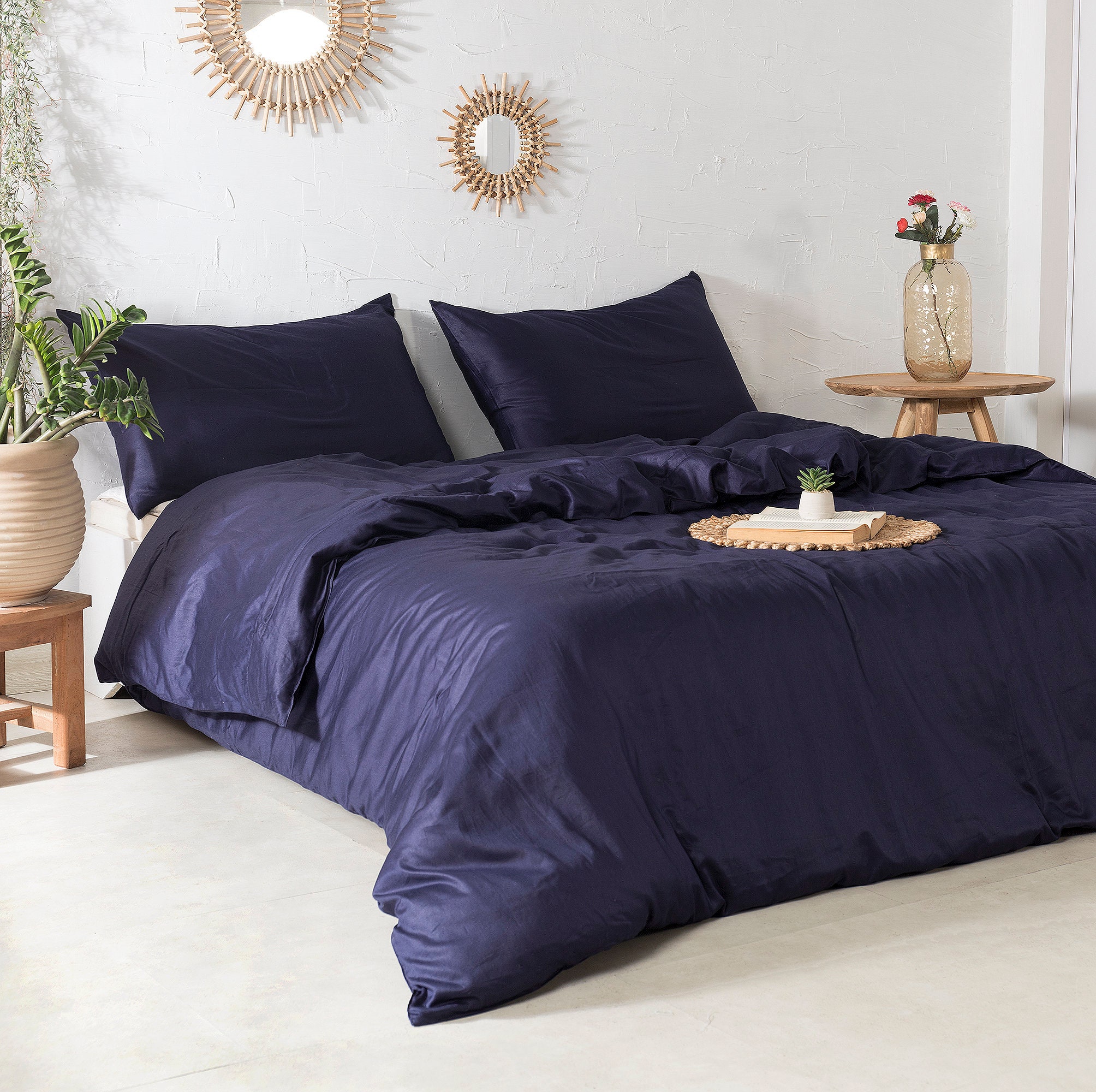 300 Thread Count Cotton Satin Duvet Cover Plain Navy Blue Etsy