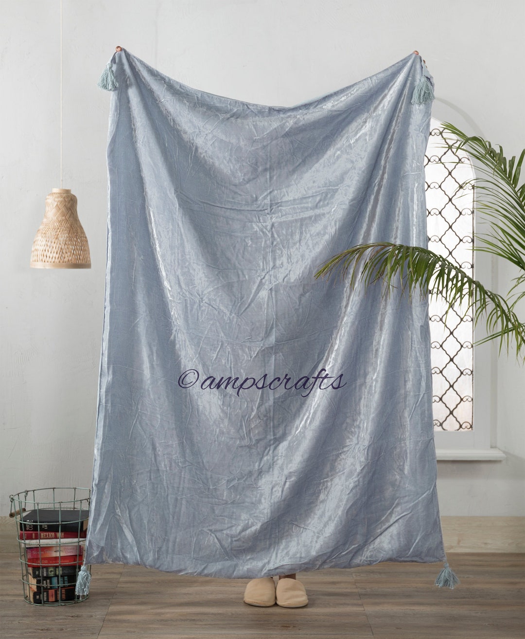 Powder Blue Velvet Throw Blanket With Tassels Soft Velvet Etsy