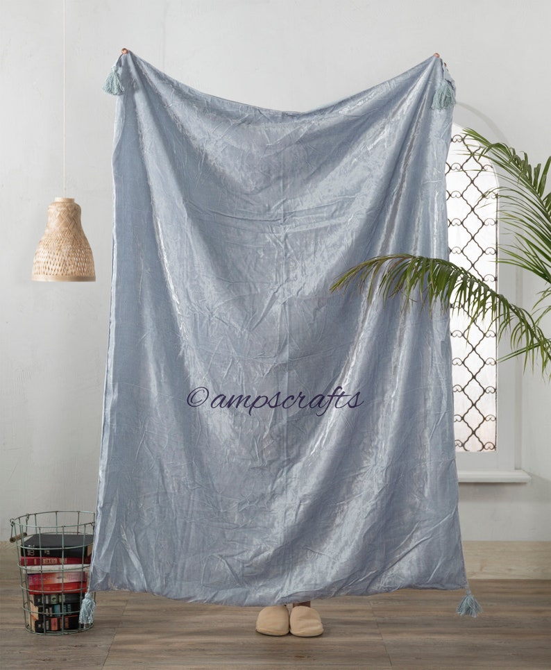 Powder Blue Velvet Throw Blanket With Tassels Soft Velvet Etsy
