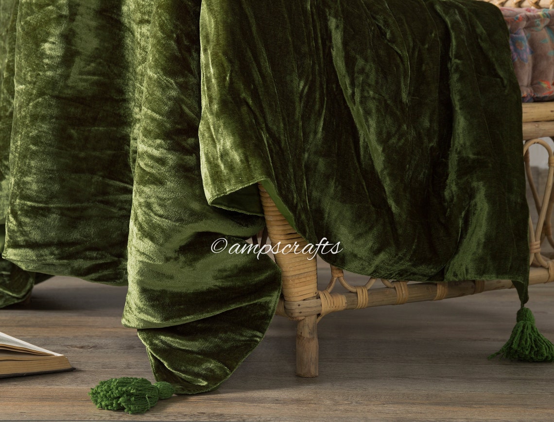 Moss Green Velvet Throw Blanket With Tassels Sofa Couch Throw Etsy
