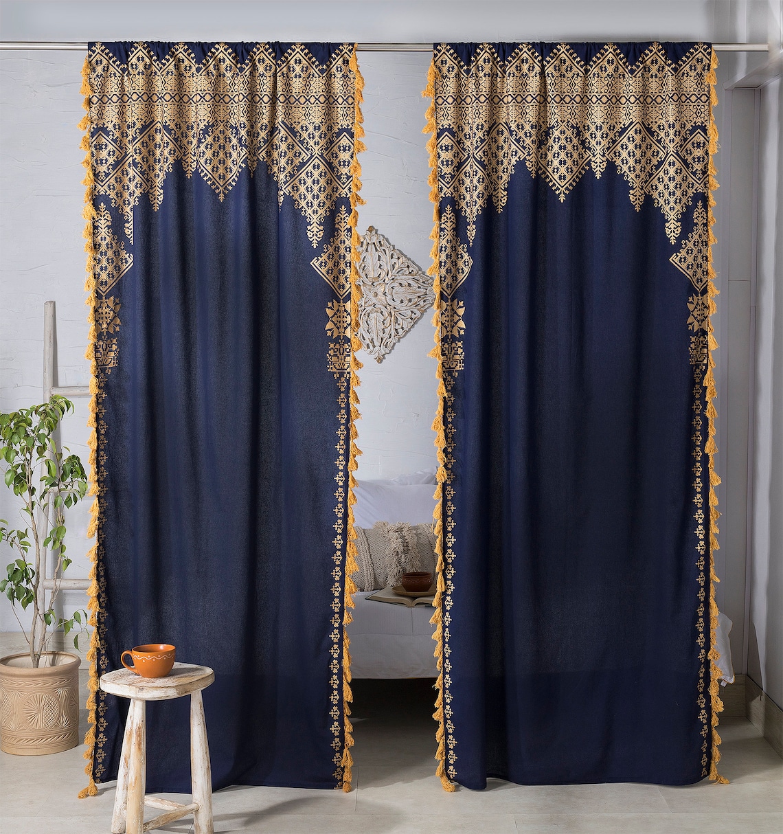 Blue Gold Tassel Curtains Medallion Moroccan Tapestry Etsy UK