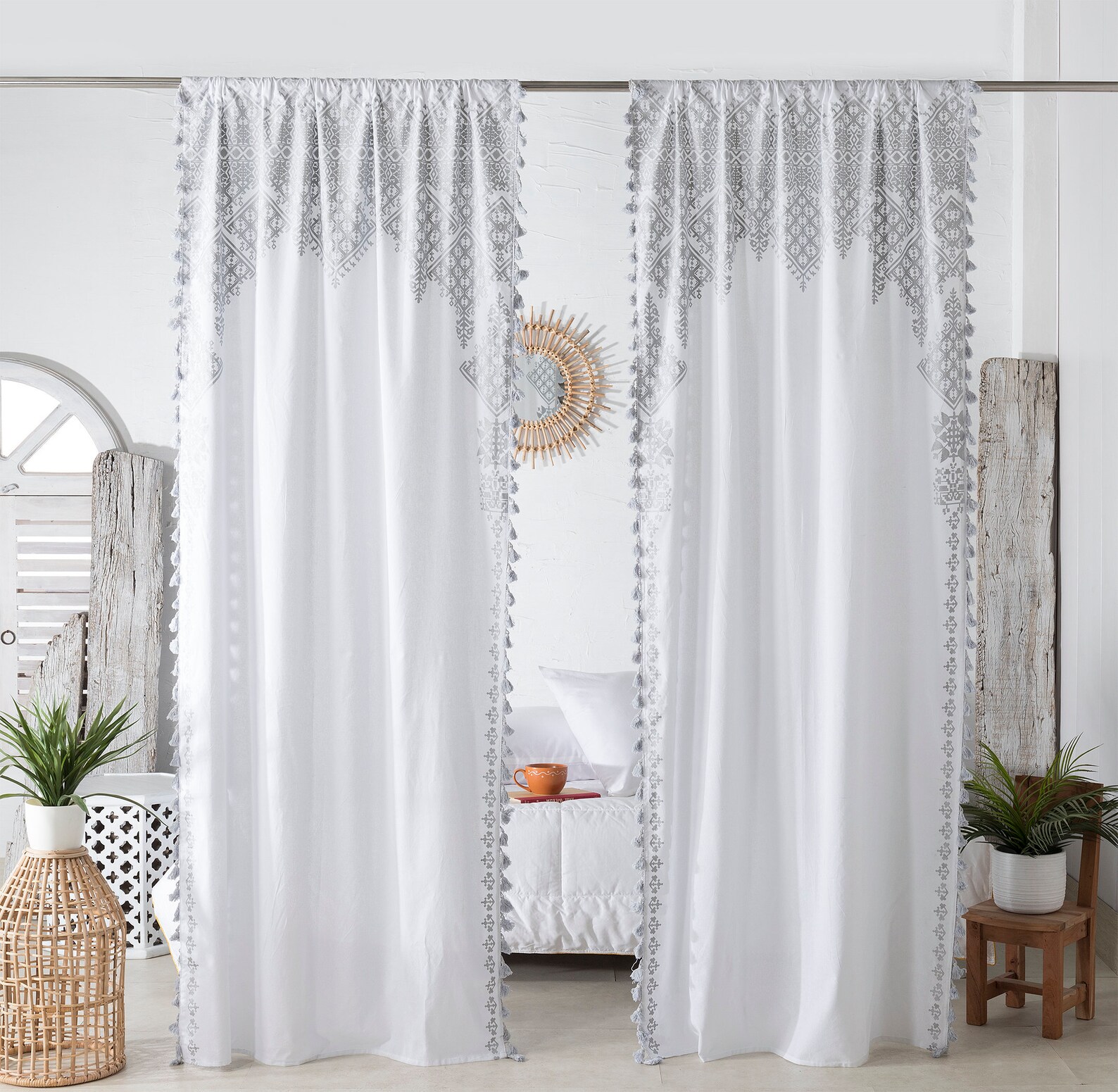 White Silver Tassel Curtains Medallion Moroccan Tapestry Etsy