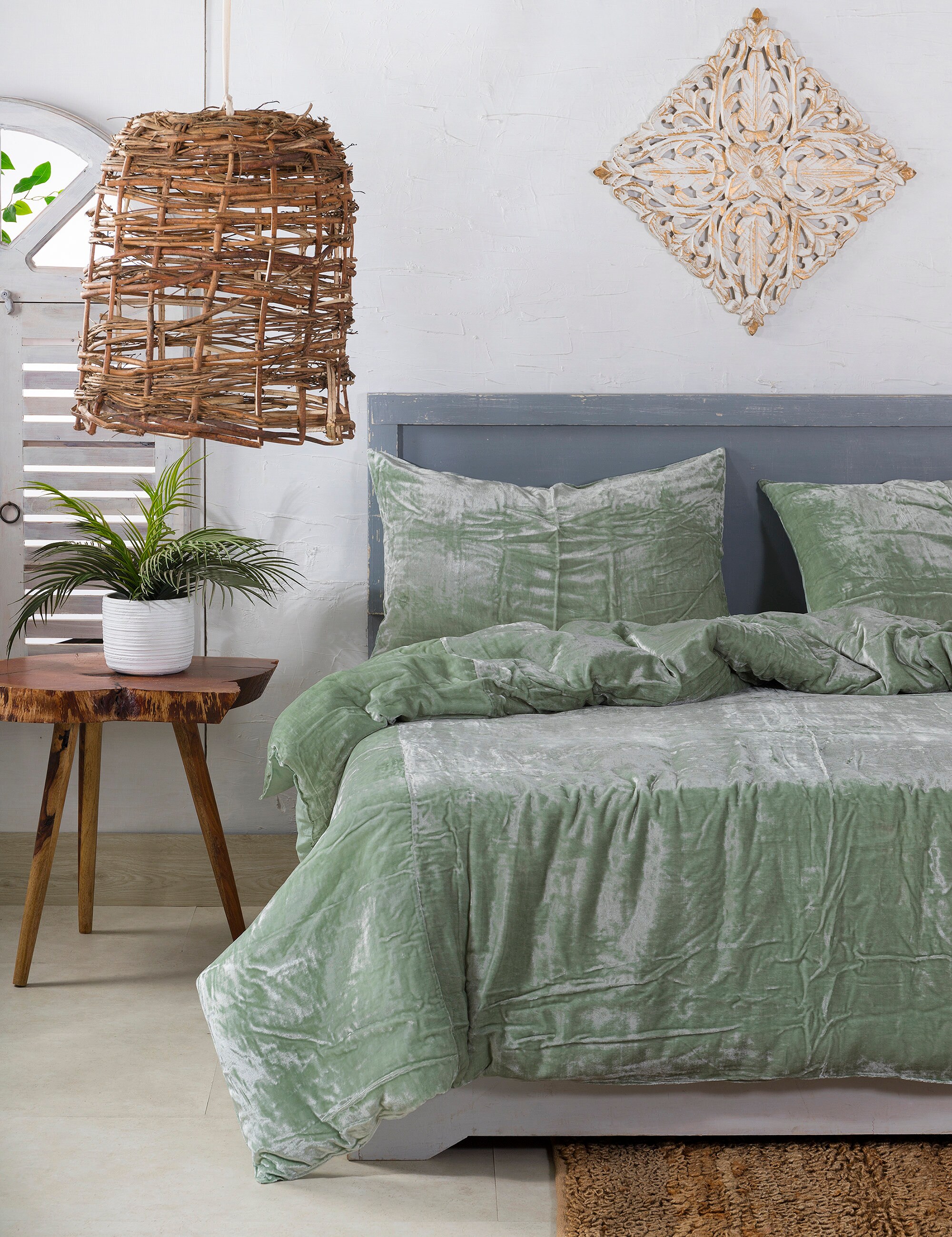 3 Pc Set Sage Green Velvet Duvet Cover Ultra Luxe Crushed Etsy