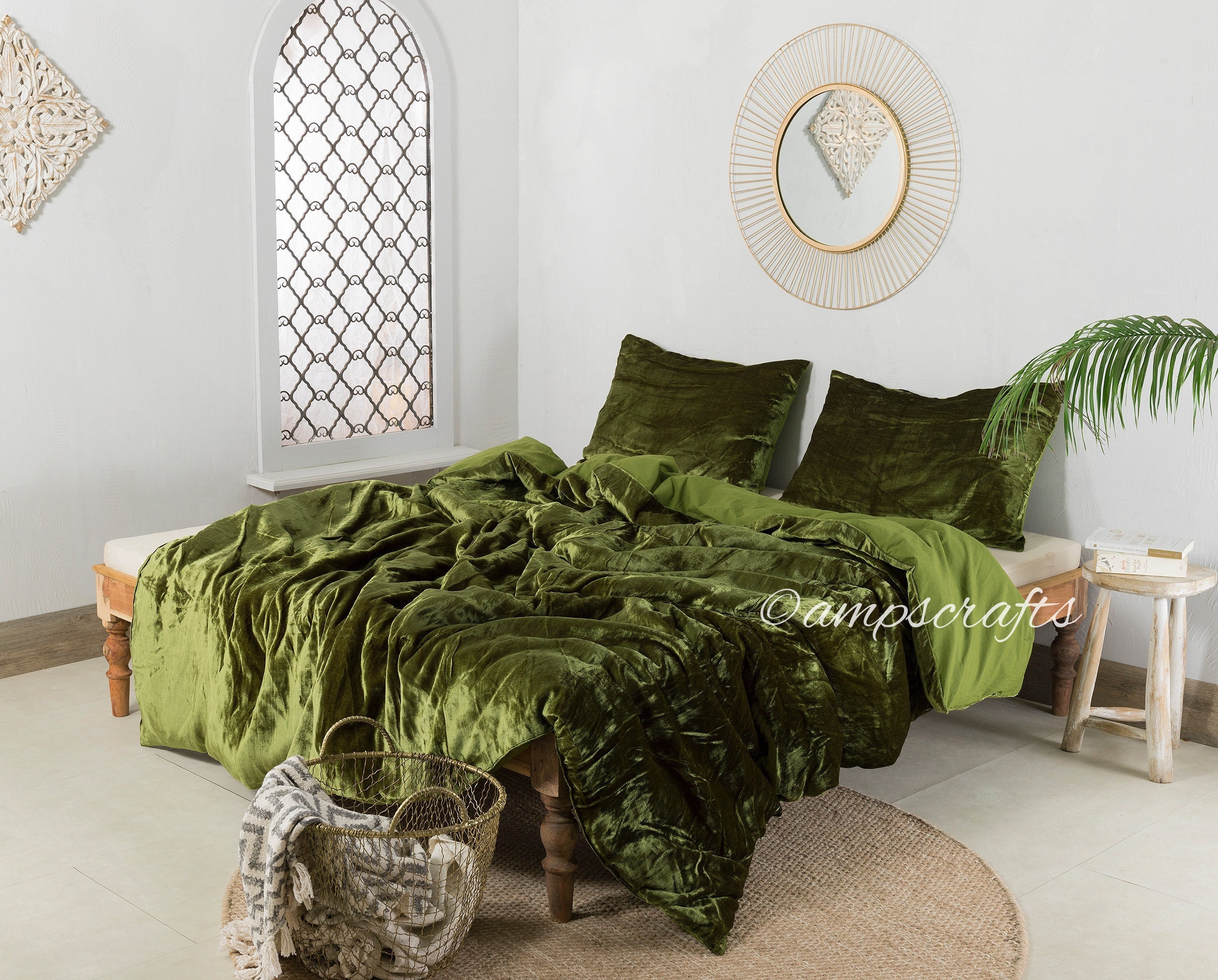 MOSS GREEN DUVET Ultra Luxe 3 Pc Set Green Velvet Duvet Cover Crushed  Velvet Bedding King Donna Cover Boho Quilt Cover Soft Comforter Cover 