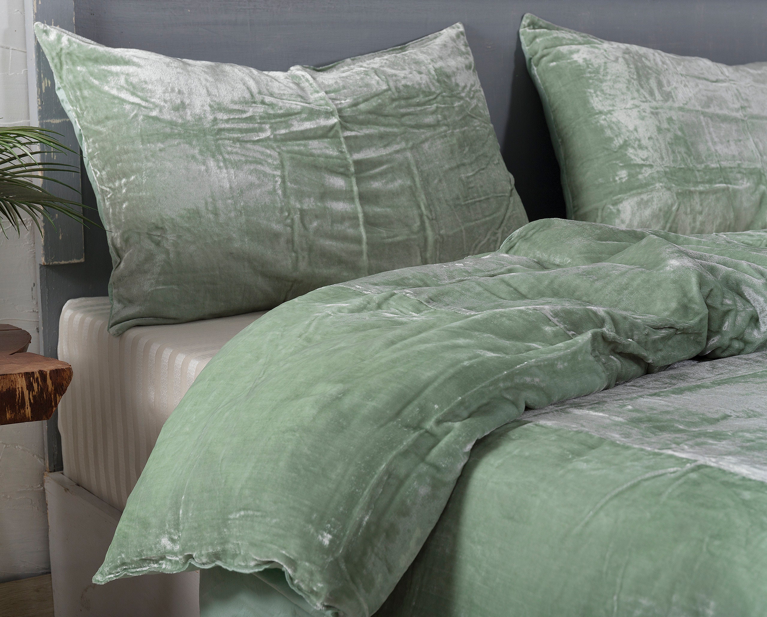 3 Pc Set Sage Green Velvet Duvet Cover Ultra Luxe Crushed Etsy