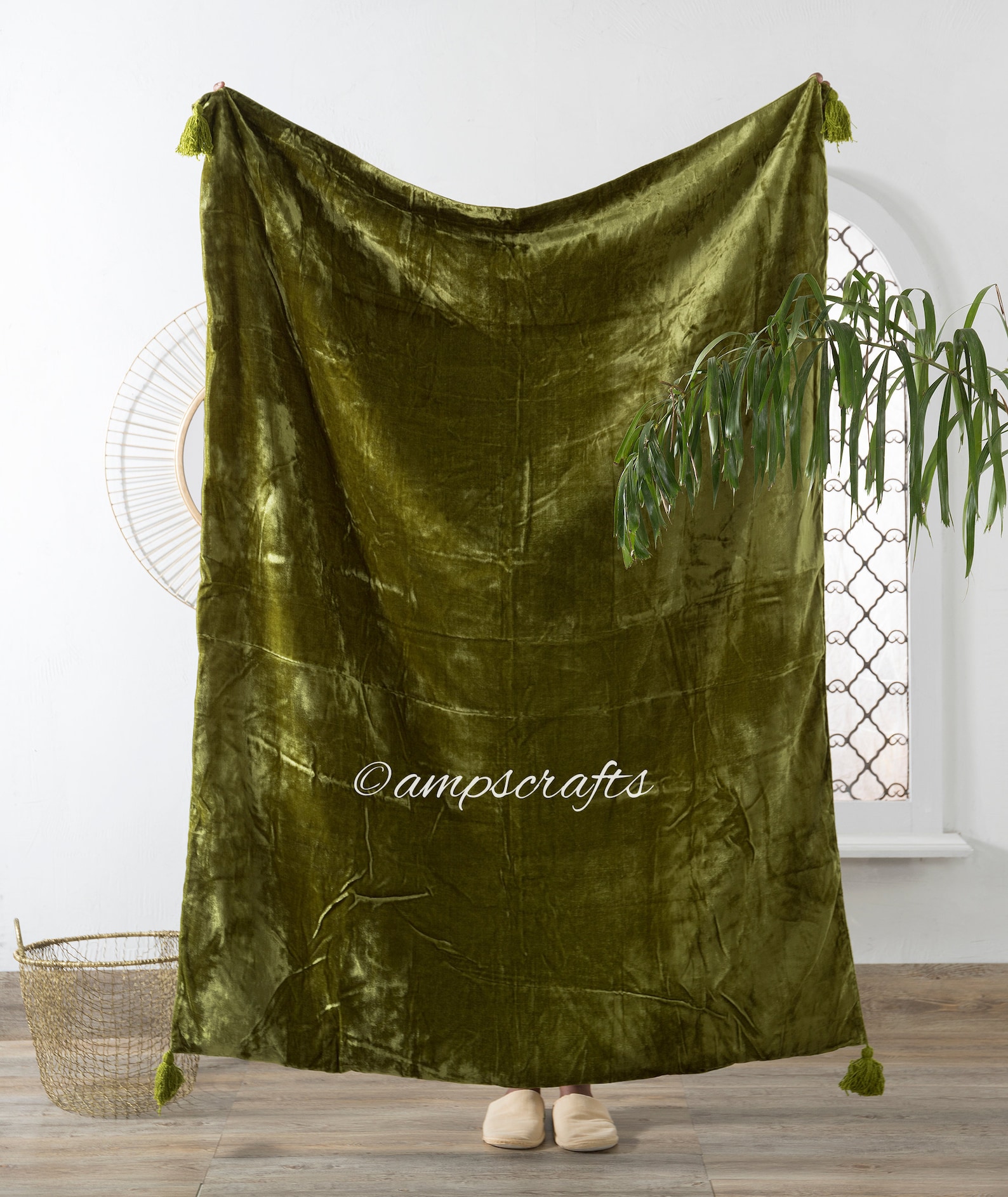 Luxury Crushed Green Velvet Throw Blanket With Tassels Sofa Etsy