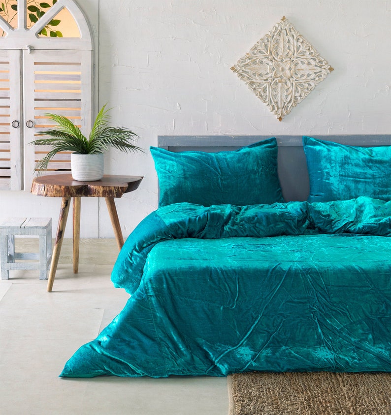 Turquoise Blue Velvet Duvet Cover Ultra Luxe 3 Piece Set Etsy