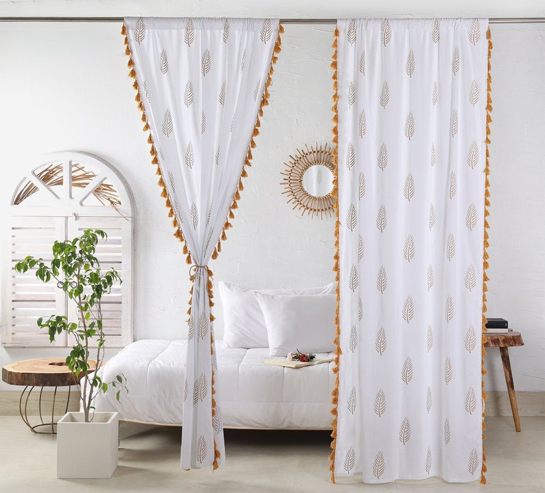 White Gold Tassel Curtains Medallion Moroccan Tapestry Etsy UK