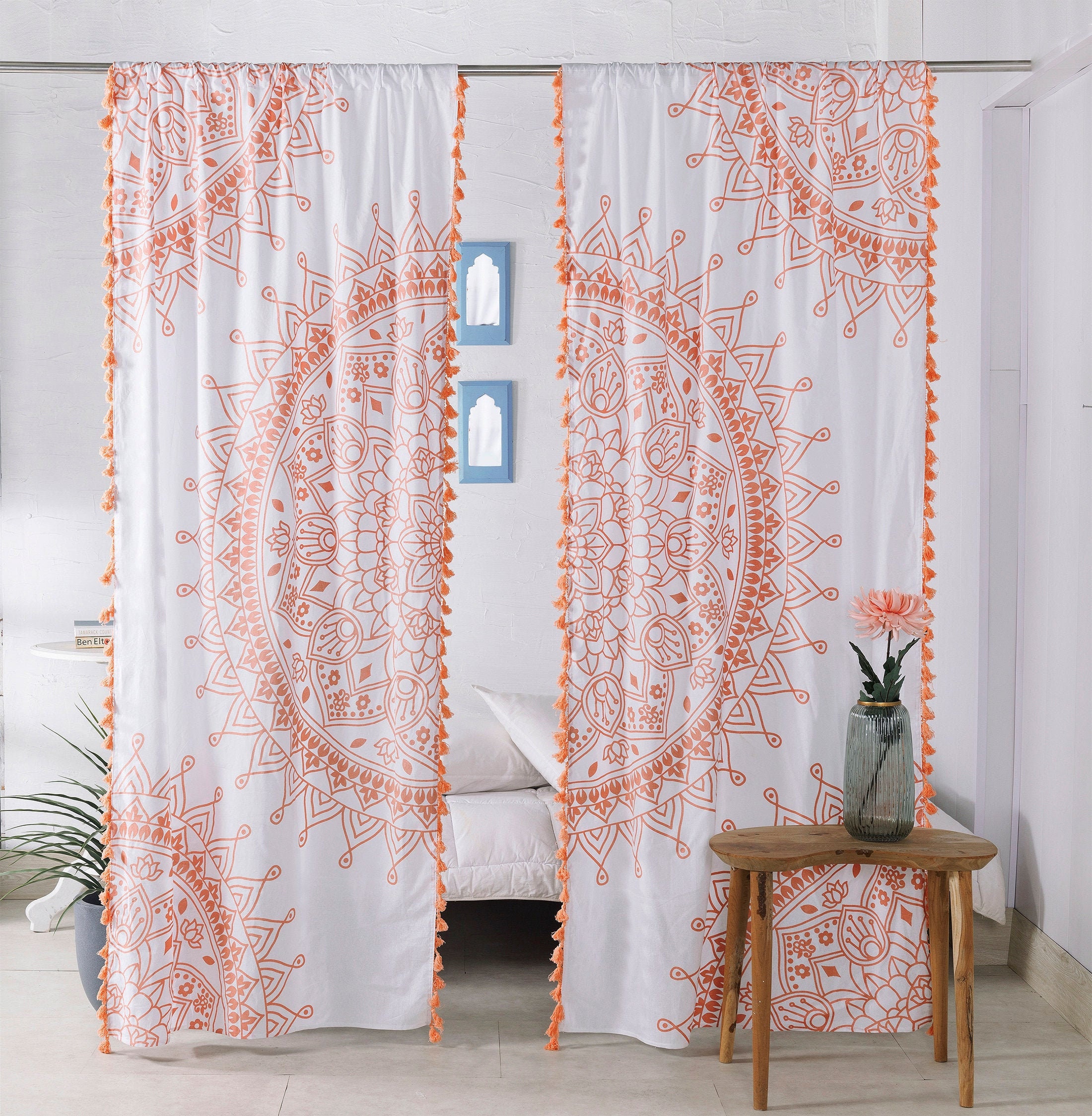 Indian Golden Tassel 100% Cotton Door Curtain Living Room Window Drape Panel Set 