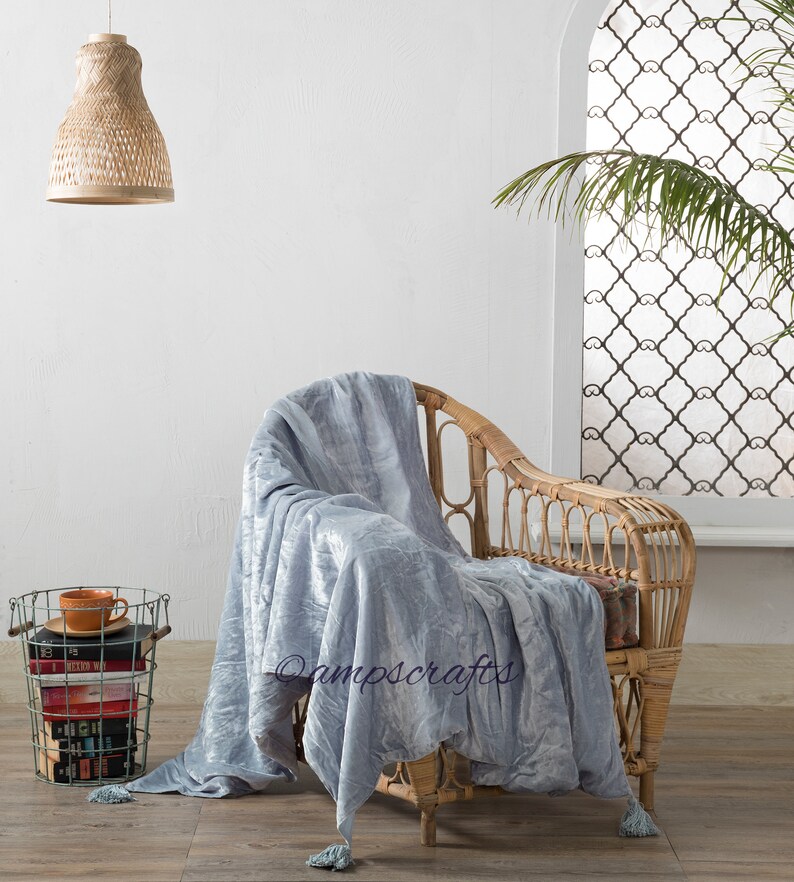 Powder Blue Velvet Throw Blanket With Tassels Soft Velvet Etsy