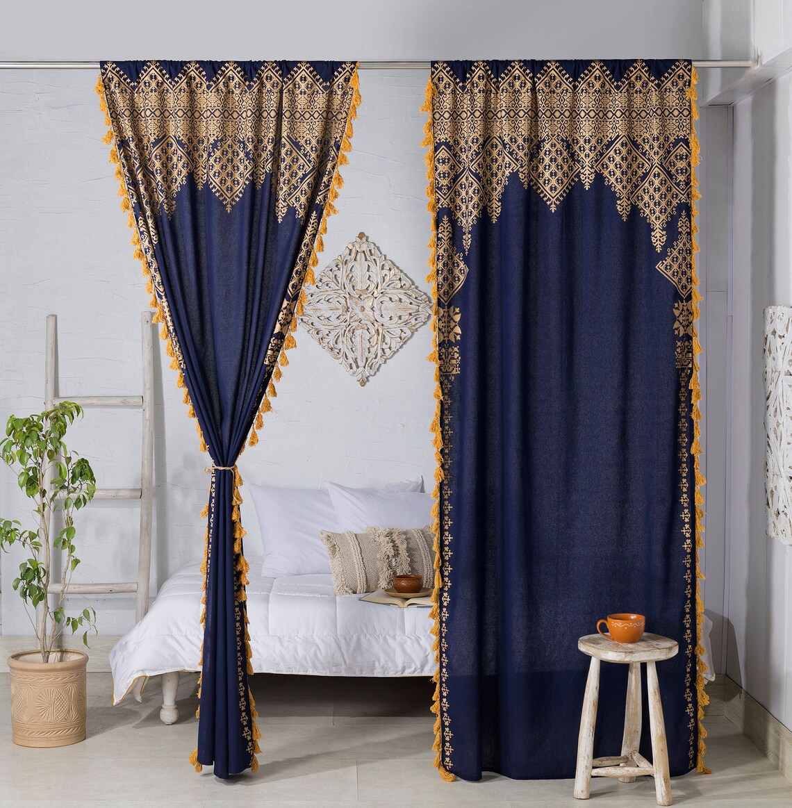 Blue Gold Tassel Curtains Medallion Moroccan Tapestry Etsy UK