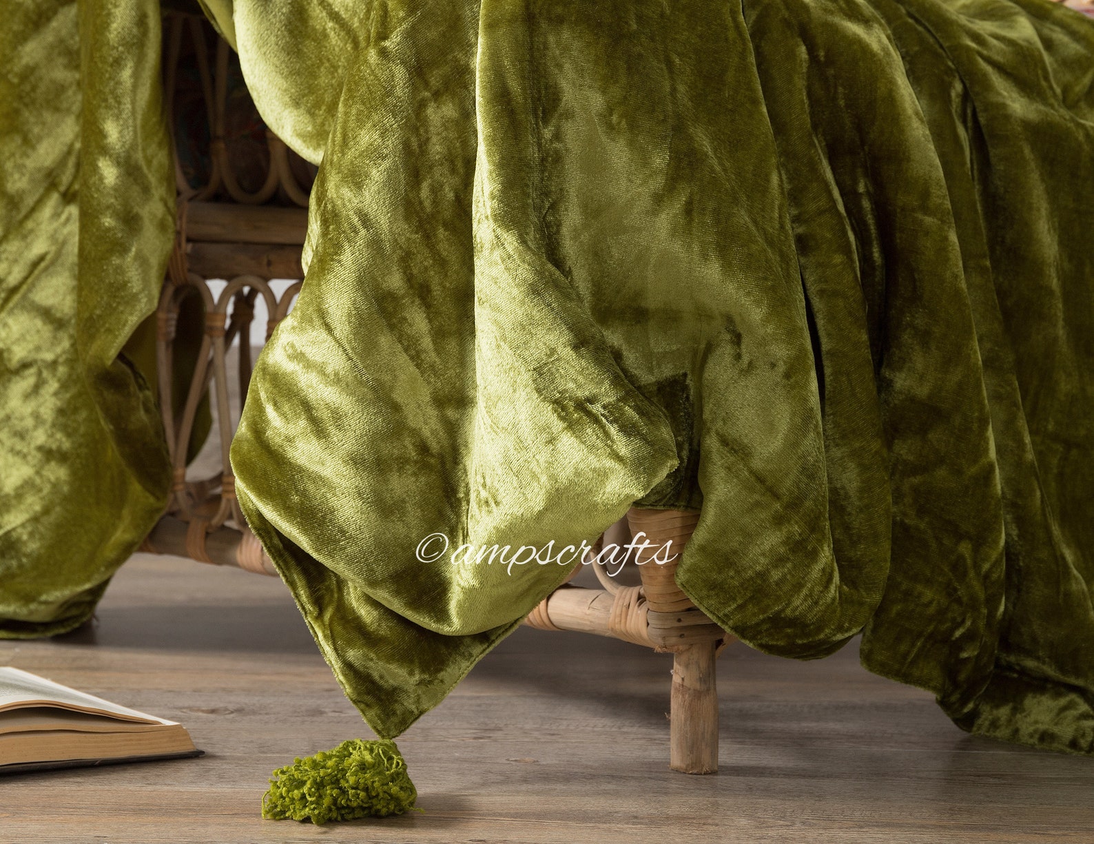 Luxury Crushed Green Velvet Throw Blanket With Tassels Sofa Etsy
