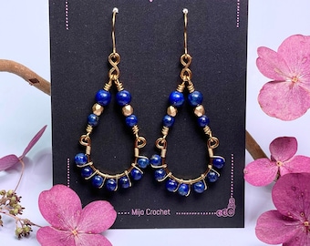 Phoenix Tears Earrings with Lapis Lazuli, Drop Earrings, Brass, Ear wire, Mijo Crochet