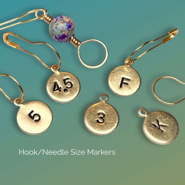 Stitch Markers with Hook Sizes + Keeper for crochet & knitting, Customize, Brass, Semiprecious stone, Mijo Crochet