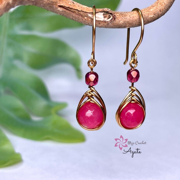 Drop Earrings with Faceted Pink Agate and Czech Crystals, Brass, Ear wire, Mijo Crochet
