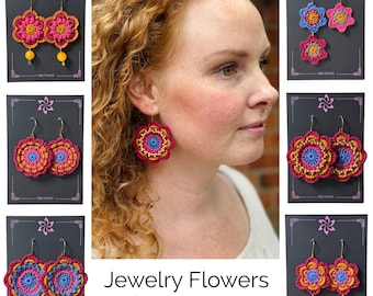 May include: Crochet flower earrings in various colors, including pink, blue, yellow, and gold. The earrings are displayed on black cards with the text "Jewelry Flowers Crochet Patterns".