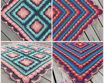 May include: Four crocheted blankets in different color combinations. The blankets are made with a variety of stitches and patterns, including a square pattern, a scalloped border, and a striped pattern. The blankets are all made with a soft, yarn and are perfect for snuggling up on the couch.