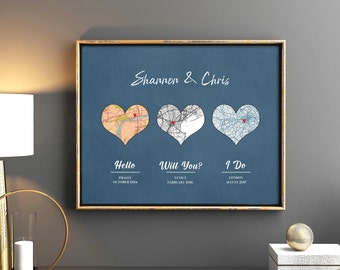 Bonjour, voulez-vous, je fais • Impression d'art de carte • Cadeau de mariage du premier anniversaire • Cadeau personnalisé pour elle • Impression de localisation de carte personnalisée pour couple