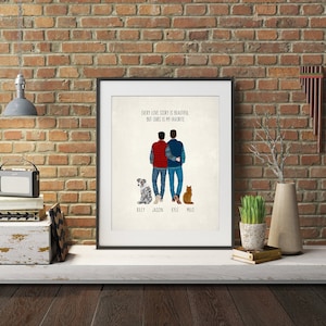 Personalized Gay Valentines Gift for Boyfriend or Husband • Custom Portrait with Pets • Print with Quote • His and His • LGBT Present