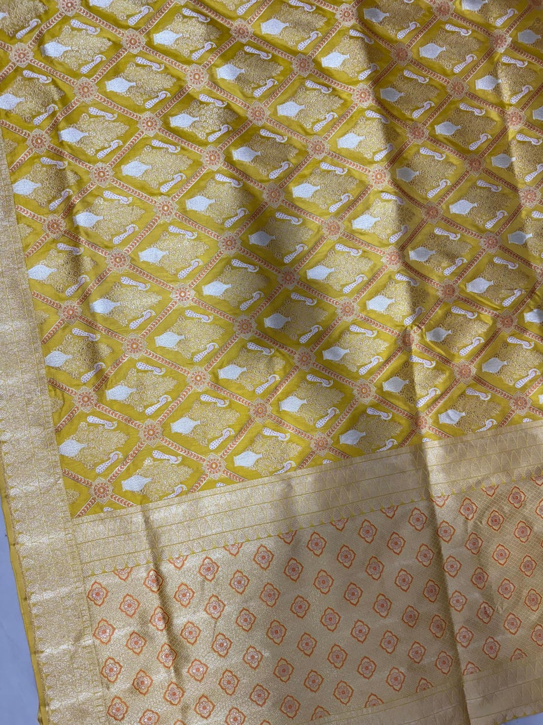 Mustard Banarasi Meenakari Handloom Saree With Resham & Golden Weaving