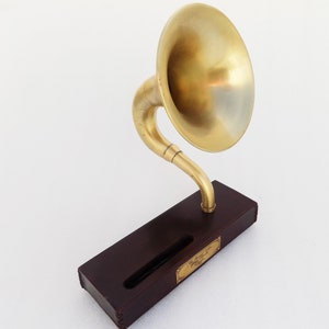 brass phone amplifier, accoustic speaker on handstitched  leather  base, vintage style amplifier,  gramophone horn acoustic amplifier