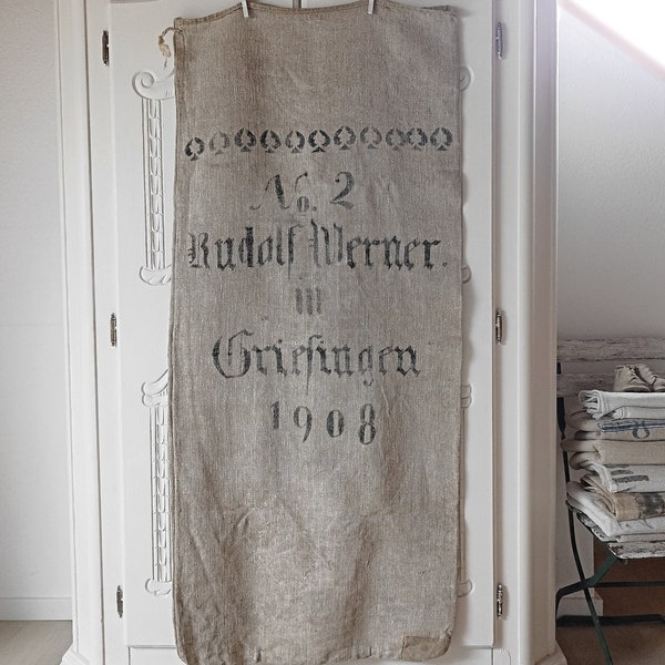 Antique linen sack printed on both sides, grain sack, flour sack, farmer's sack, old, antique, shabby