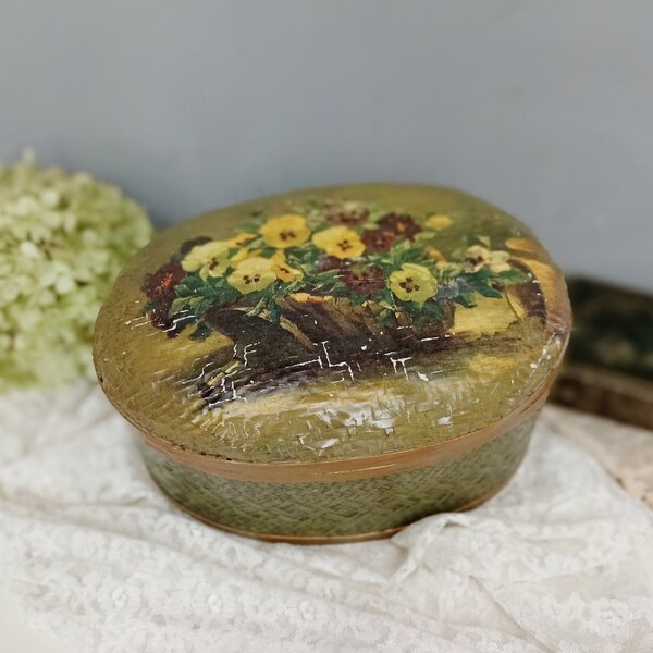 Antique basket box hand-painted around 1920 basket with lid lacquer box old antique shabby brocante decoration