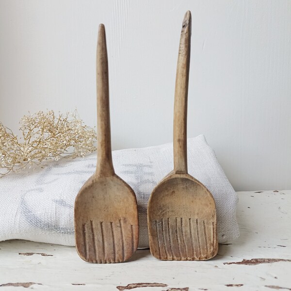 2 old wooden spoons farmer's spoon hand carved small ladle old antique country house