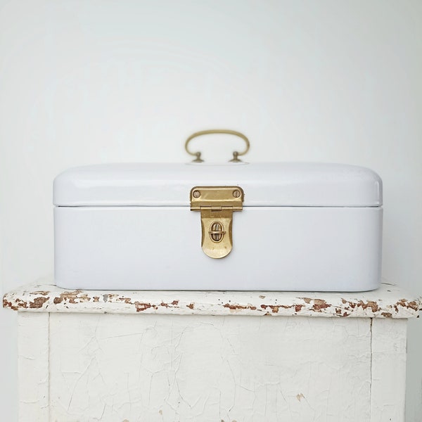 Old Bing enamel bread box with brass fittings Art Deco white old antique bread box bread tin bread capsule