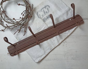 Large old hook rack 66.5 cm made of sheet metal, farm, coat rack, old, antique, brocante, shabby