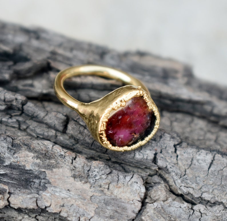 women ring Dainty raw watermelon tourmaline slice ring electro tourmaline ring handmade jewelry gemstone ring jewelry tourmaline jewelry