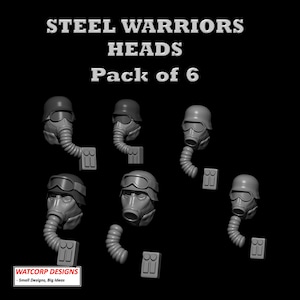 Può includere: Sei teste di maschera antigas in plastica grigia per figure in miniatura. Le teste indossano tutte maschere antigas con un tubo attaccato. Il testo "STEEL WARRIORS HEADS Pack of 6" è in alto nell'immagine.