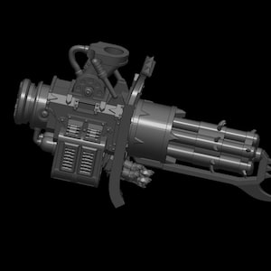 May include: A detailed 3D model of a futuristic, multi-barreled weapon with a complex design. The weapon has a large, cylindrical barrel with multiple smaller barrels attached to it. The weapon also has a variety of intricate details, including a series of gears and pipes.
