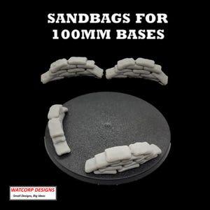 Könnte beinhalten: Sandbagsicherungen für 100 mm Basen. Das Set enthält drei Abschnitte mit Sandsäcken, zwei gebogene Abschnitte und einen geraden Abschnitt.