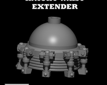 Puede incluir: Un extensor de cintura Knight gris con forma de cúpula, una protuberancia central en la parte superior y una serie de accesorios verticales de aspecto mecánico alrededor de la base. El texto KNIGHT WAIST EXTENDER aparece arriba y WATCORP DESIGNS - Small Designs, Big Ideas abajo.