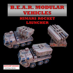 May include: Three tan-colored B.E.A.R. Modular Vehicles HIMARS rocket launcher models are displayed against a black background. The text B.E.A.R. MODULAR VEHICLES HIMARS ROCKET LAUNCHER appears at the top, and WATCORP DESIGNS - Small Designs, Big Ideas is at the bottom.