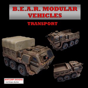 May include: Three brown modular transport vehicles with multiple wheels are displayed against a black background. The vehicles have a detailed design, with one featuring a tan canvas cover. The text "B.E.A.R. MODULAR VEHICLES TRANSPORT" is at the top.