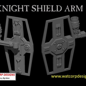May include: A 3D printed model of a knight shield arm, a sci-fi weapon accessory. The shield is grey and has a detailed design with gears and pipes. The arm is attached to the shield and has a barrel at the end. The text "WATCORP DESIGNS - Small Designs, Big Ideas" is visible at the bottom left of the image.