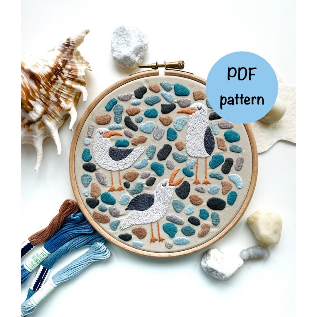 PDF Embroidery Hoop Art, Seagulls on the Seaside Embroidery Pattern