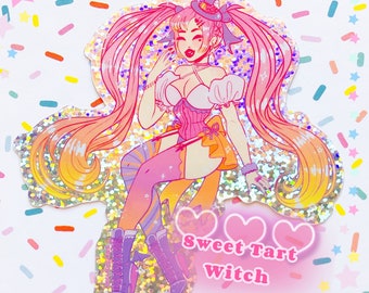 May include: A holographic sticker featuring a cartoon witch with pink hair, a white dress, and a pink and orange corset. The witch is sitting with her legs crossed and has a bow on her leg. The sticker has the text "Sweet Tart Witch" in pink and white.