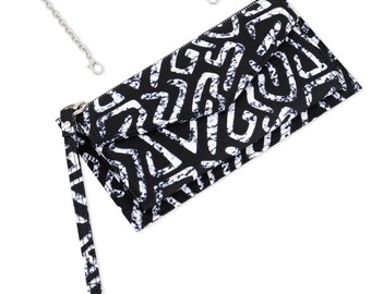 Black Ankara African Print Wallet: Handmade Cotton Crossbody Purse