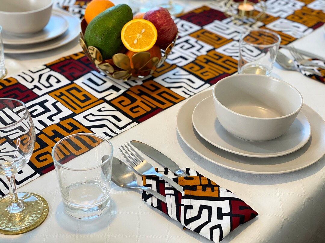 AFRICAN DINNER SET Geo Print Table Runner 6 Napkins Set Ankara Home